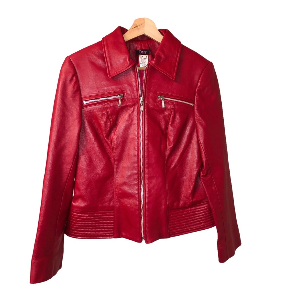 Zan Vintage Cherry red 100% leather Moto bikercore zip up jacket size 6